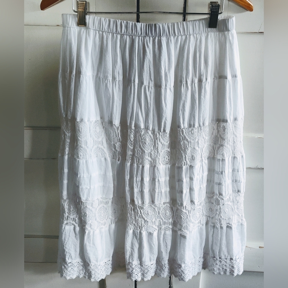 Studio West Women's White Tiered Lace Romantic Midi Skirt | 100% Cotton | Small